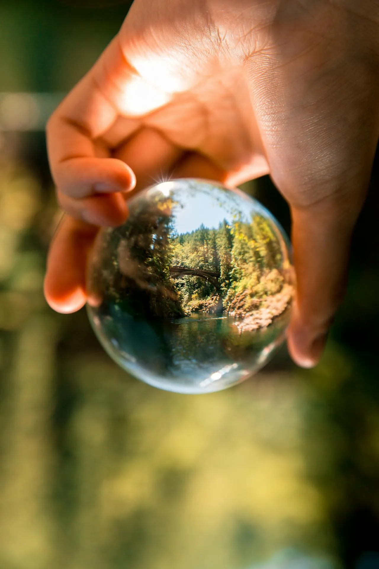 a transparent globe held in a human hand, showcasing the nature